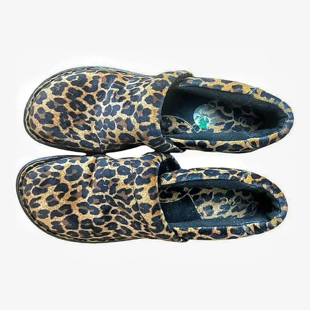 BOC Born Cheetah Leopard Leather Comfort Work Nurses Clogs Size 7.5